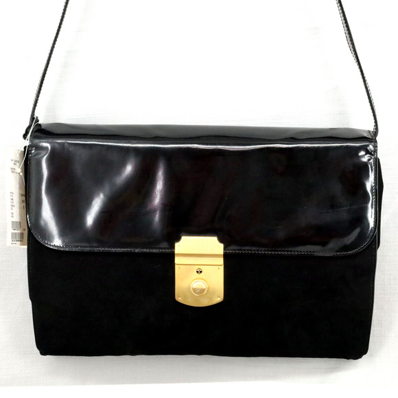 Laurel Bag Handbag Womens Black Patent Leather Suede Portfolio Vintage - Picture 1 of 11
